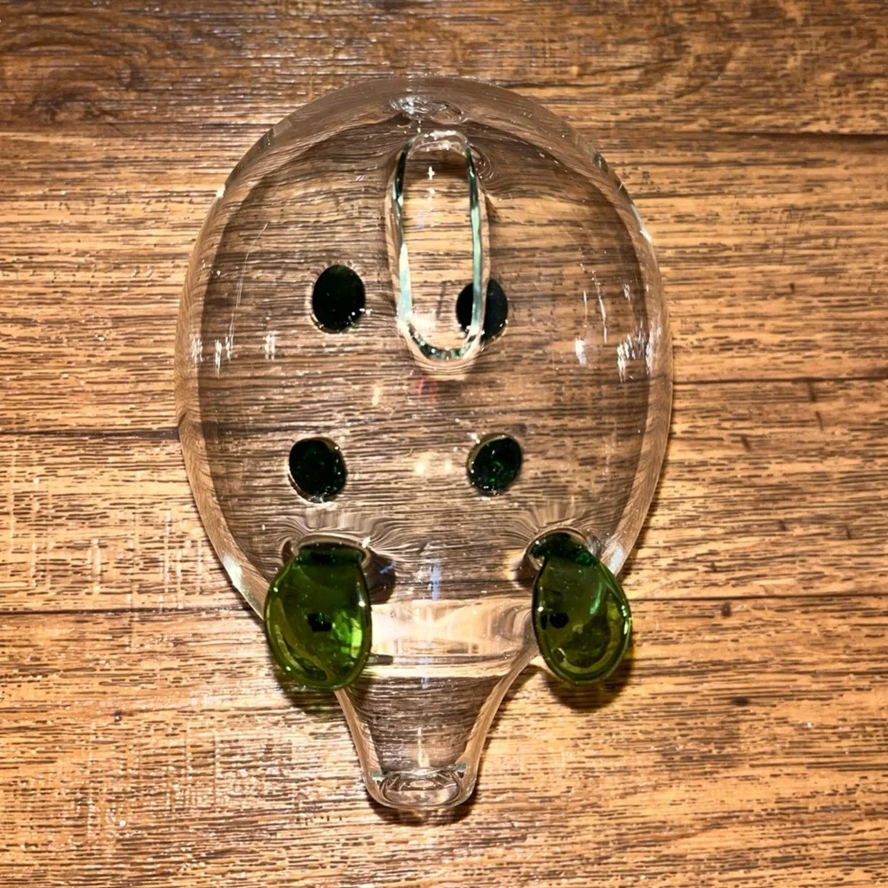 Clear Glass Piggy Bank W/Green Accents Hi-Quality Crystal-Clear Glass Hand-Made
